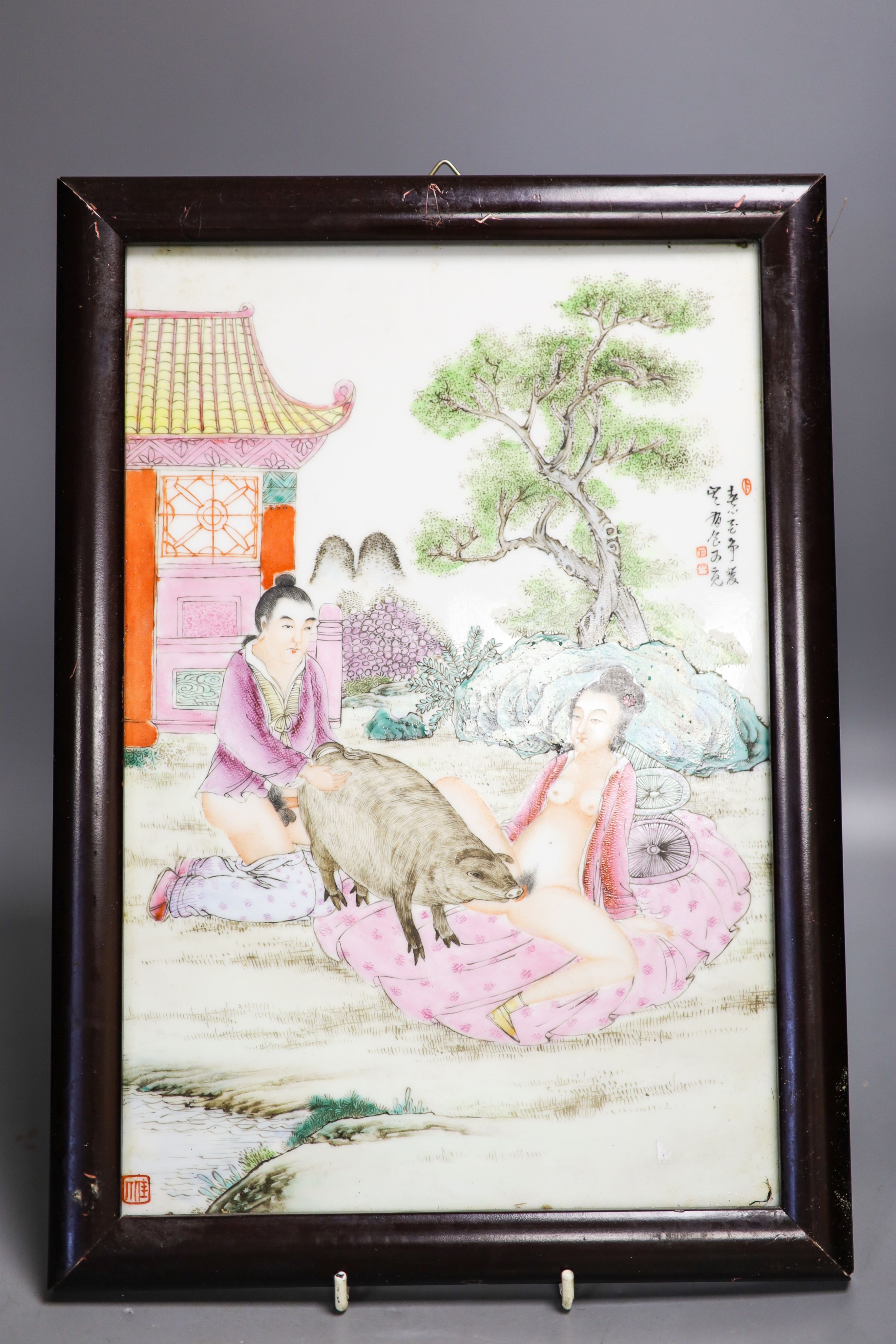 A part set of eleven framed Chinese porcelain plaques, zodiac erotic subjects 36x24cm